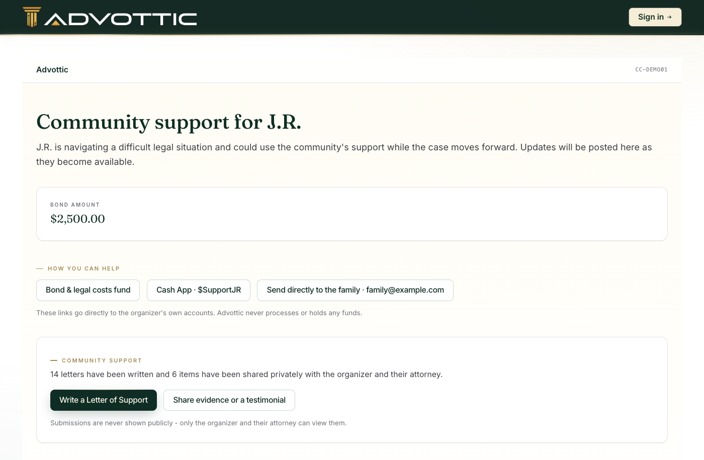 A published Community Case page showing the bond amount, fundraising links, and how the community can help